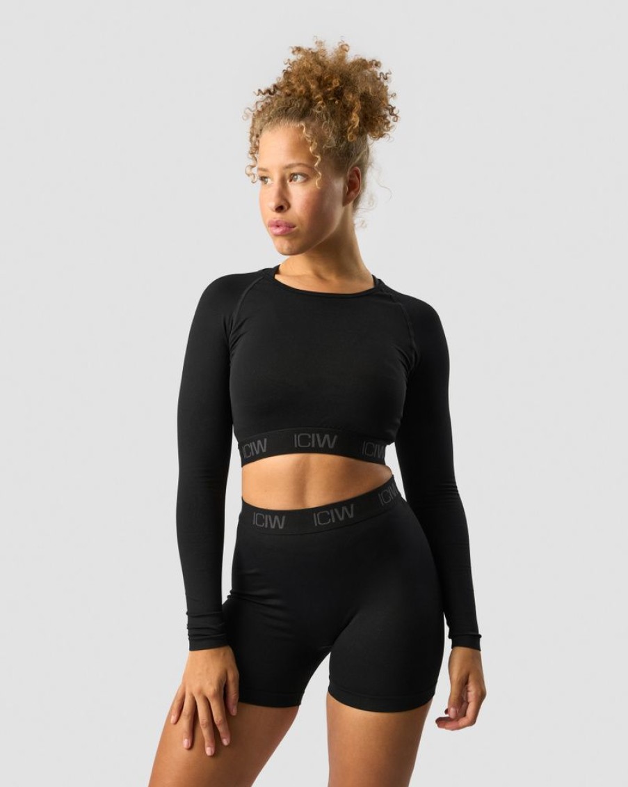 Dam ICIW Seamless | Define Seamless Logo Long Sleeve Crop Top Black