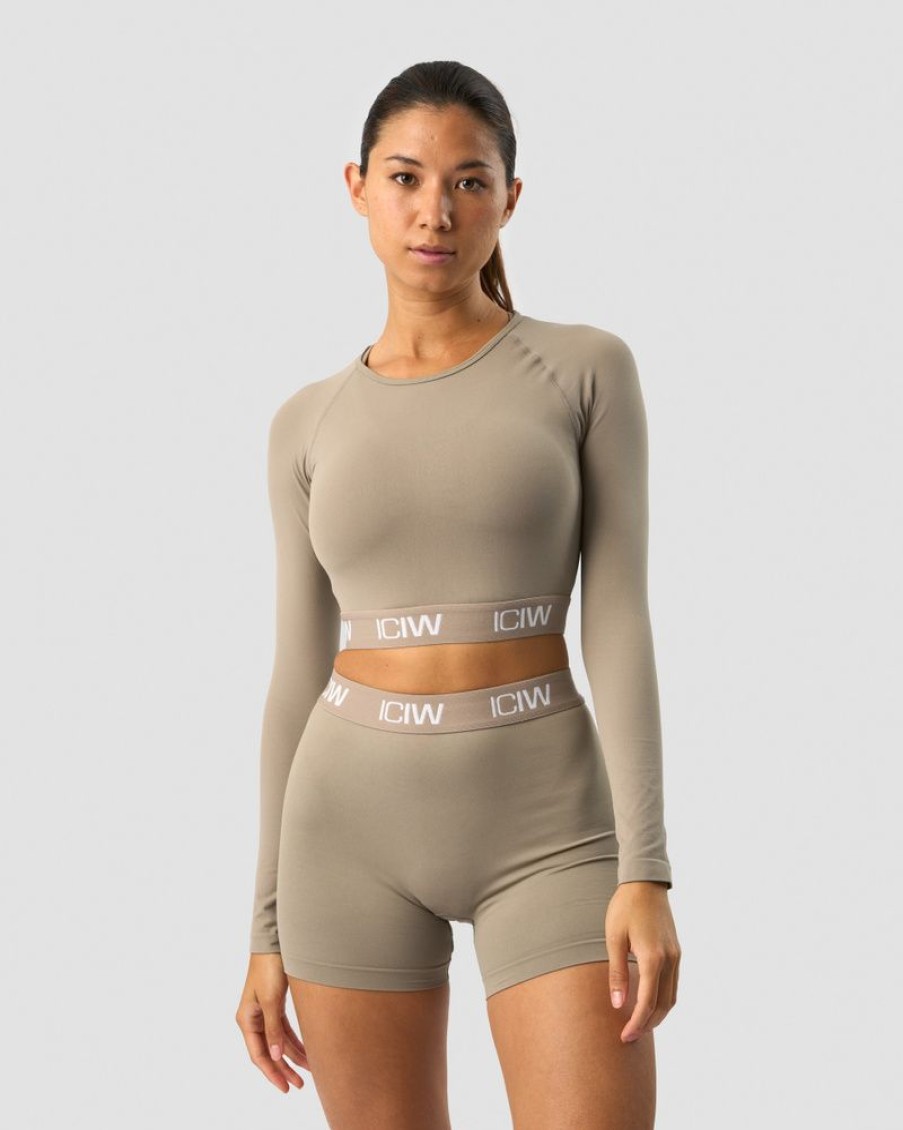 Dam ICIW Seamless | Define Seamless Logo Long Sleeve Crop Top Taupe